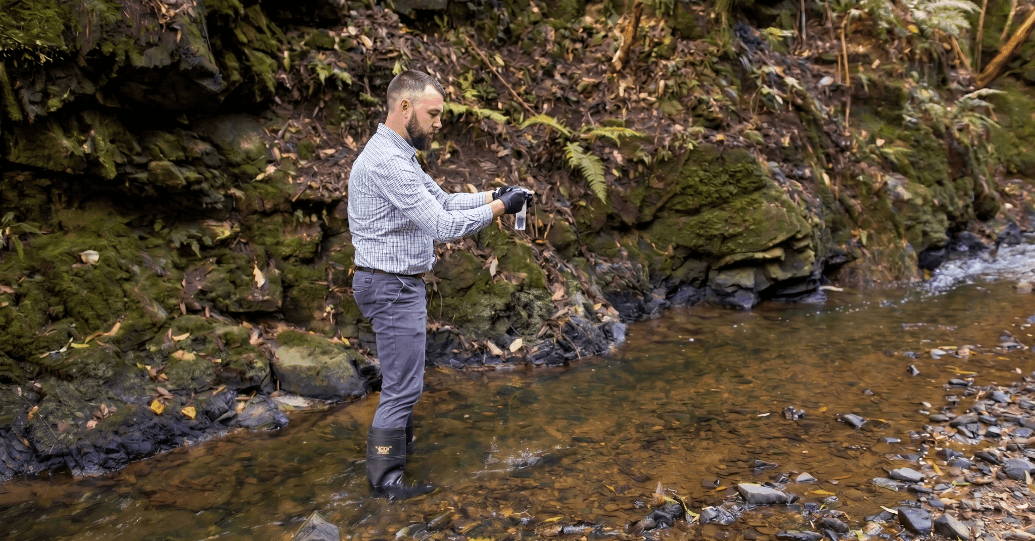 Environmental waterway sampling scene supporting Bactosure monitoring.